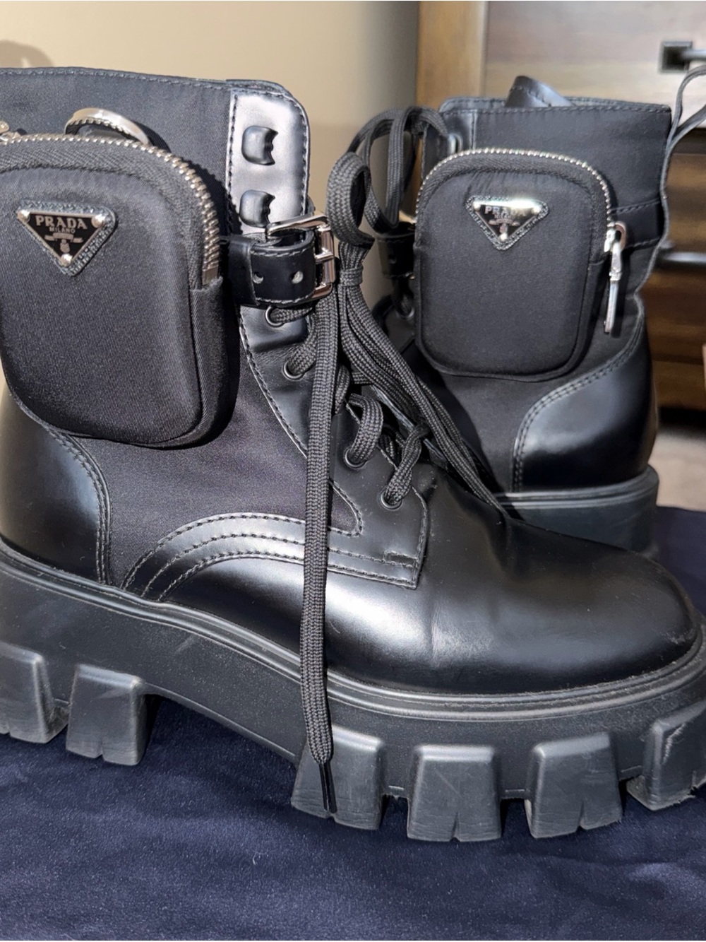 Prada Black Leather Lug-Sole Platform Combat Boots with Detachable Pouch
